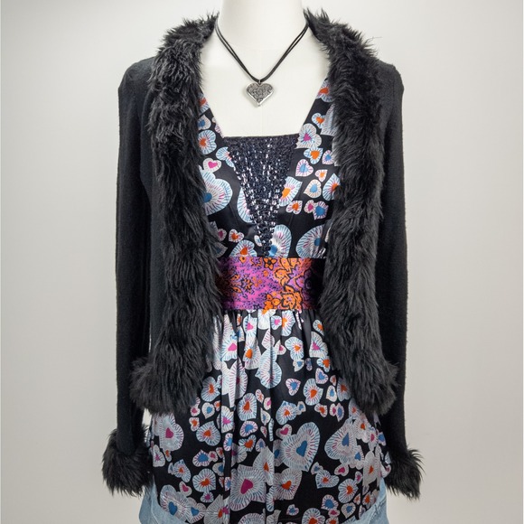Y2K Black Faux Fur Trim Cardigan - Grunge Glam Long Sleeve Sweater - Women's L - Picture 1 of 6
